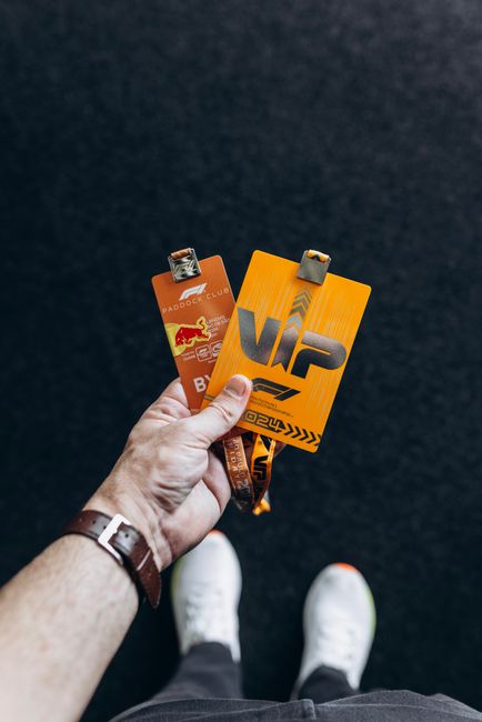 A person holding two event passes or tickets, one orange with a 'VIP' label and the other red with a lion logo and text, in front of a dark, textured background. The individual is wearing a wristwatch